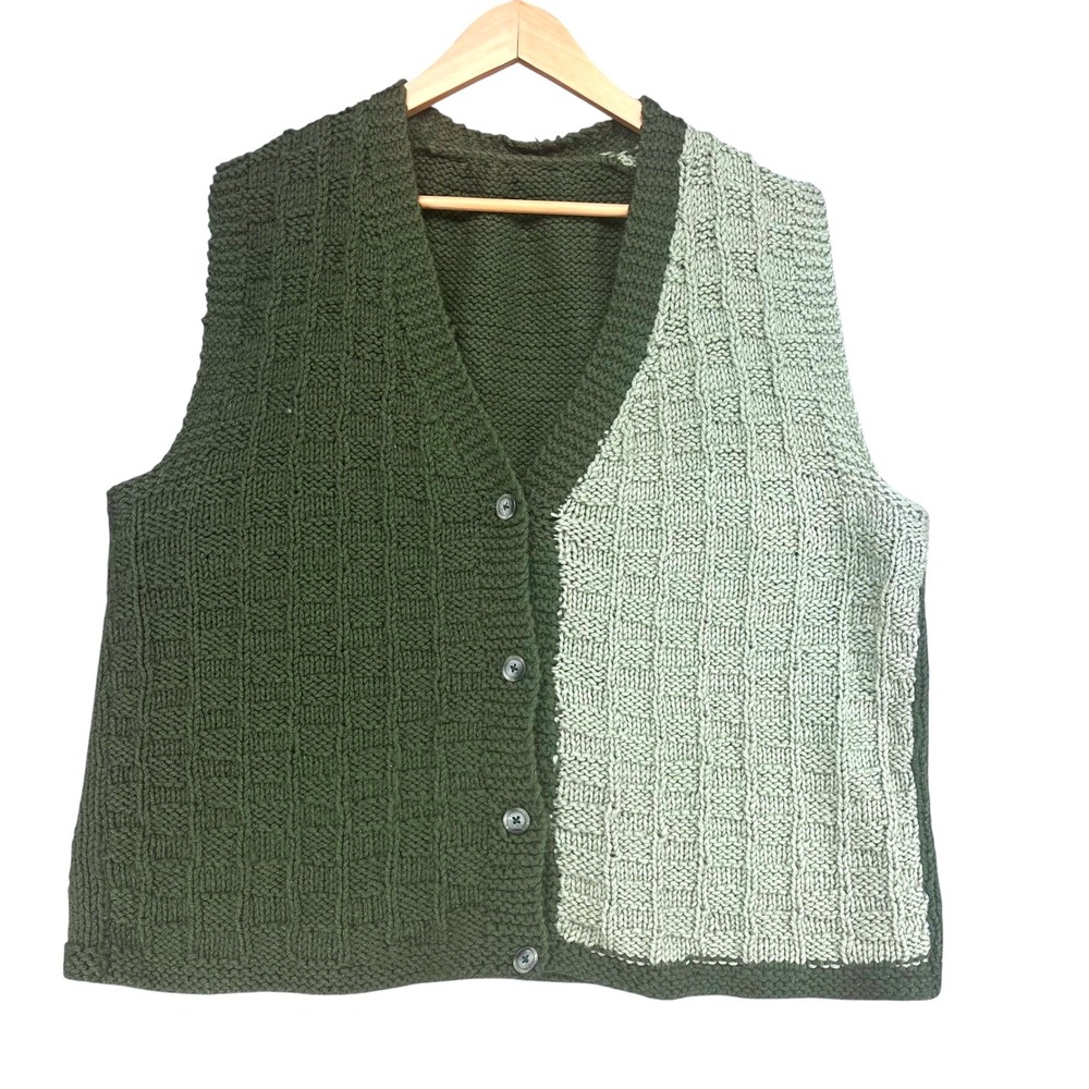 Handmade Knit Sweater Vest Womens XL Green Colorblock Button Front V-Neck Boho - Picture 1 of 2
